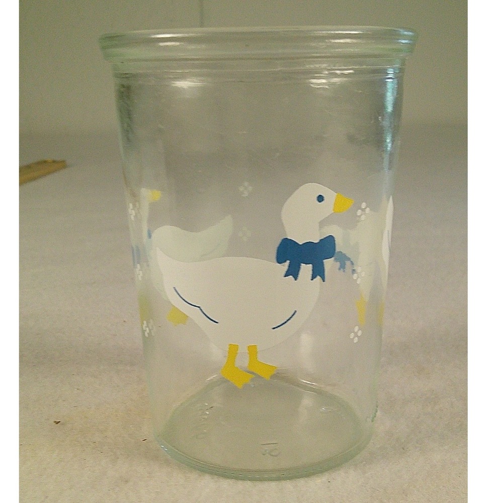 Vintage Country Goose Jelly Glass White Geese Blue Bows Clea Jar 4 inch